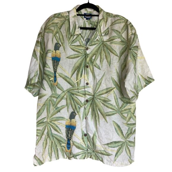 Tommy Bahama XL Linen Hawaiian Camp Shirt Parrot Bird Palm Leaf Tropical Aloha - Picture 2 of 7